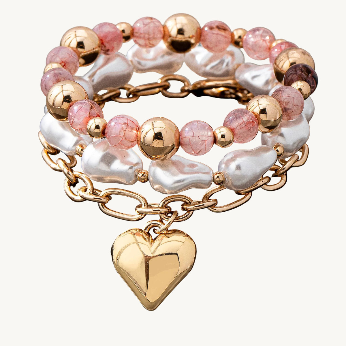 MIXED PEARL BEADED HEART CHARM BRACELET