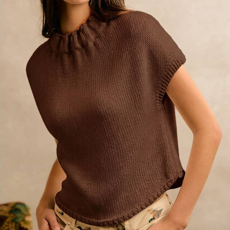 BROWN HIGH NECK CAP SLEEVE KNIT VEST