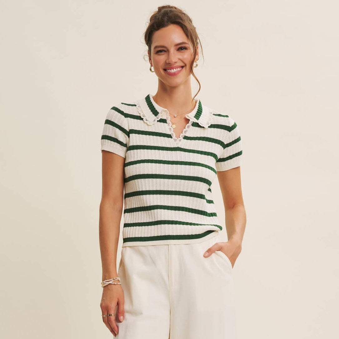 SWEET DELICATE CROCHET STRIPE SWEATER TOP