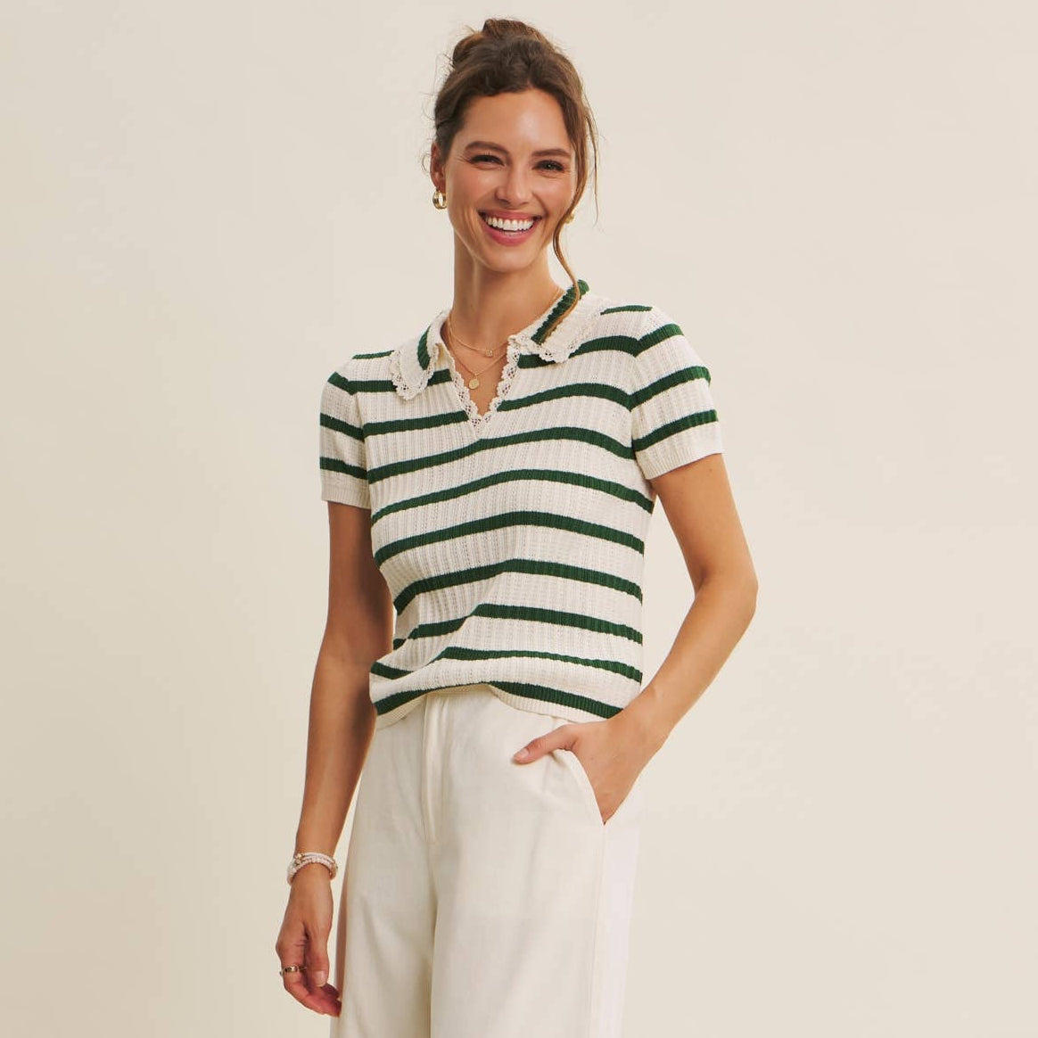 SWEET DELICATE CROCHET STRIPE SWEATER TOP