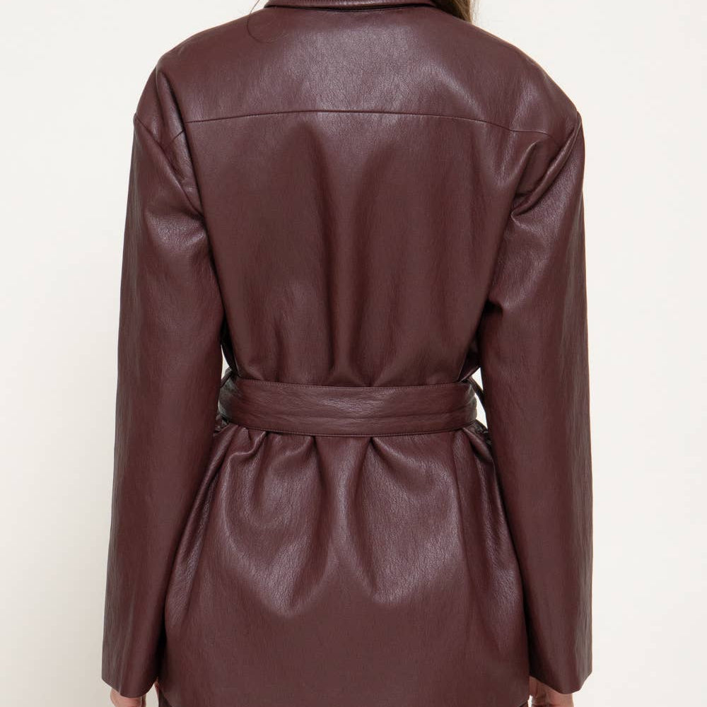 Button Down Belted Texture Faux Leather Jacket
