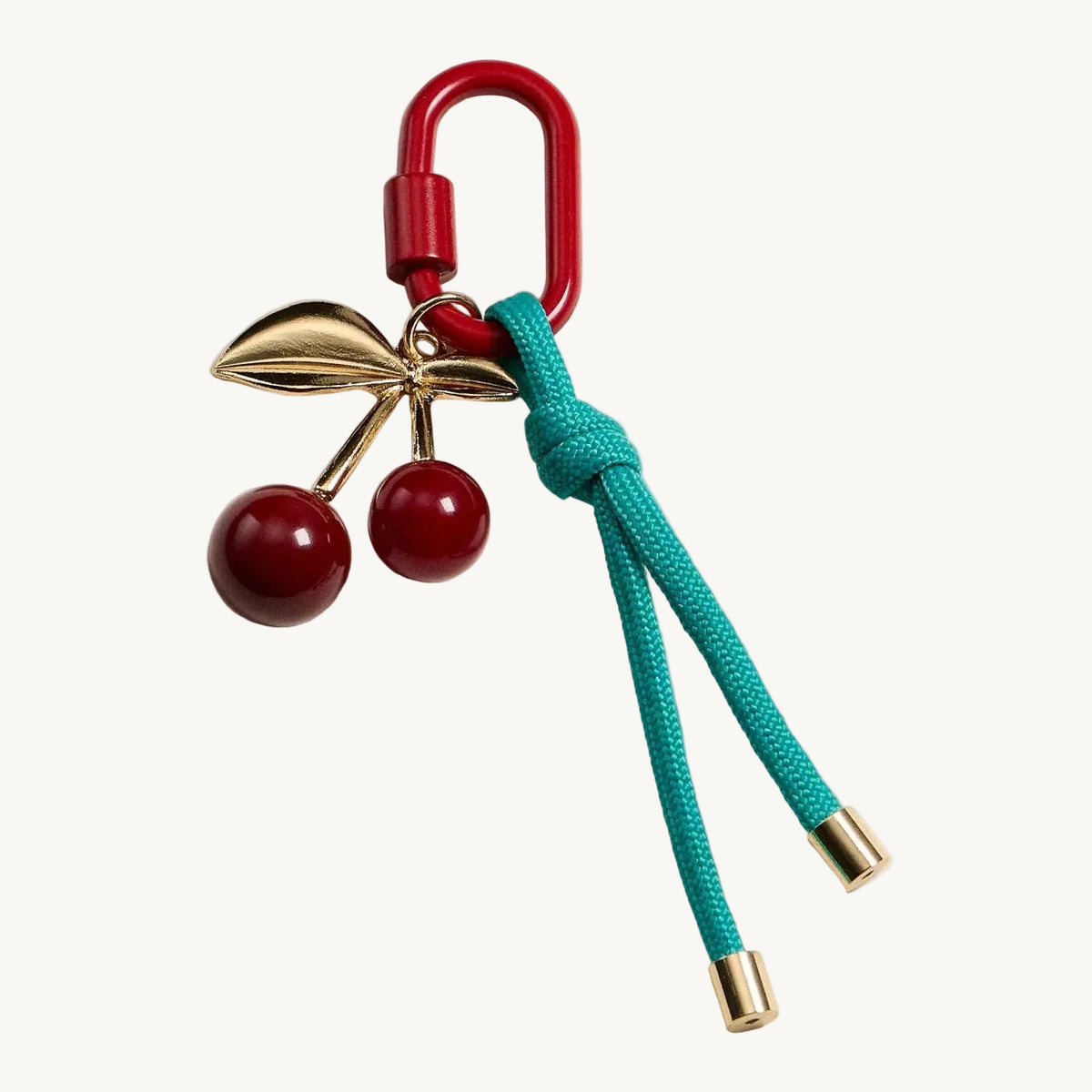 Gold-Tone Cherry Enamel Keychain | Braided Rope Detail
