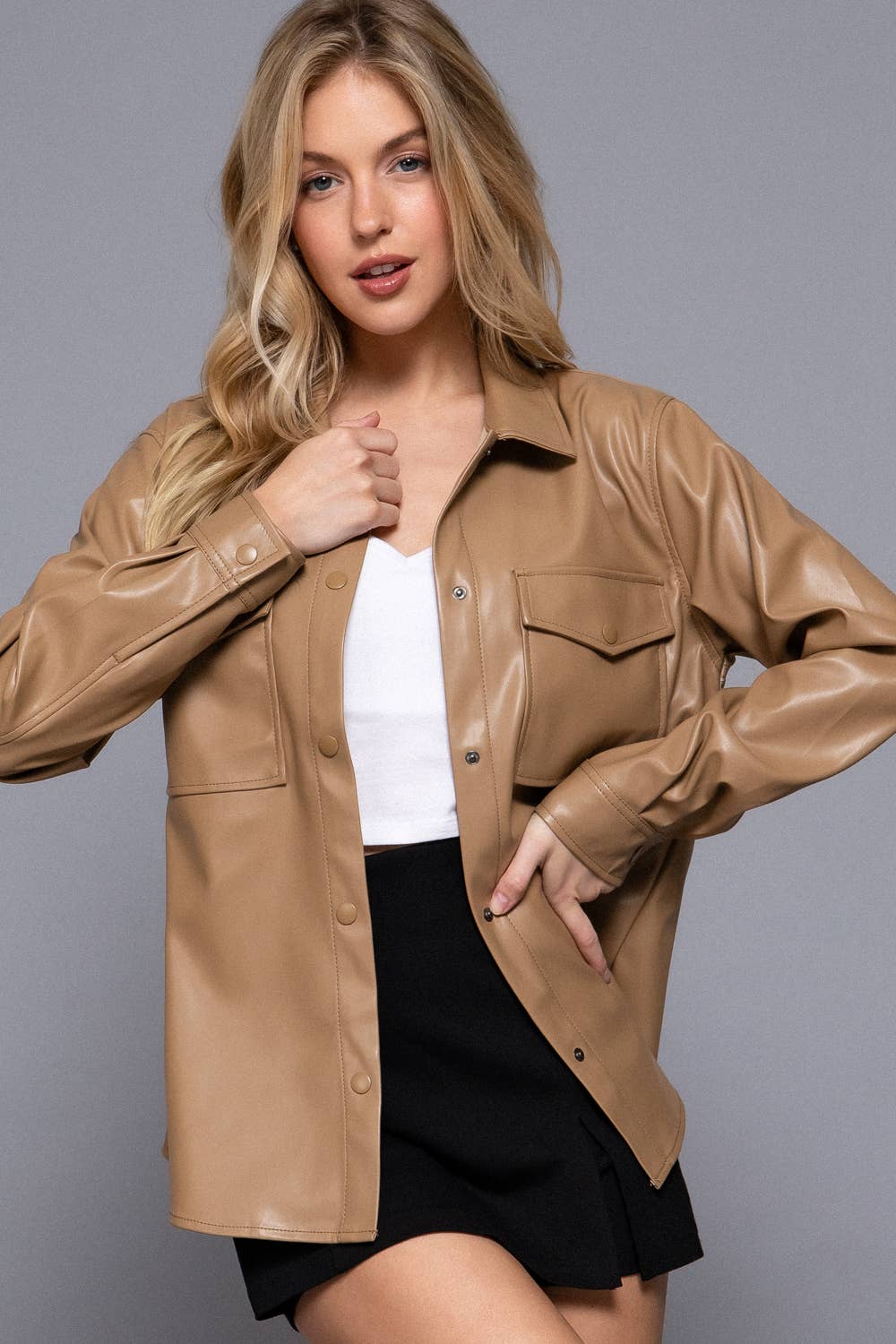 Long Sleeve Faux Leather Shacket