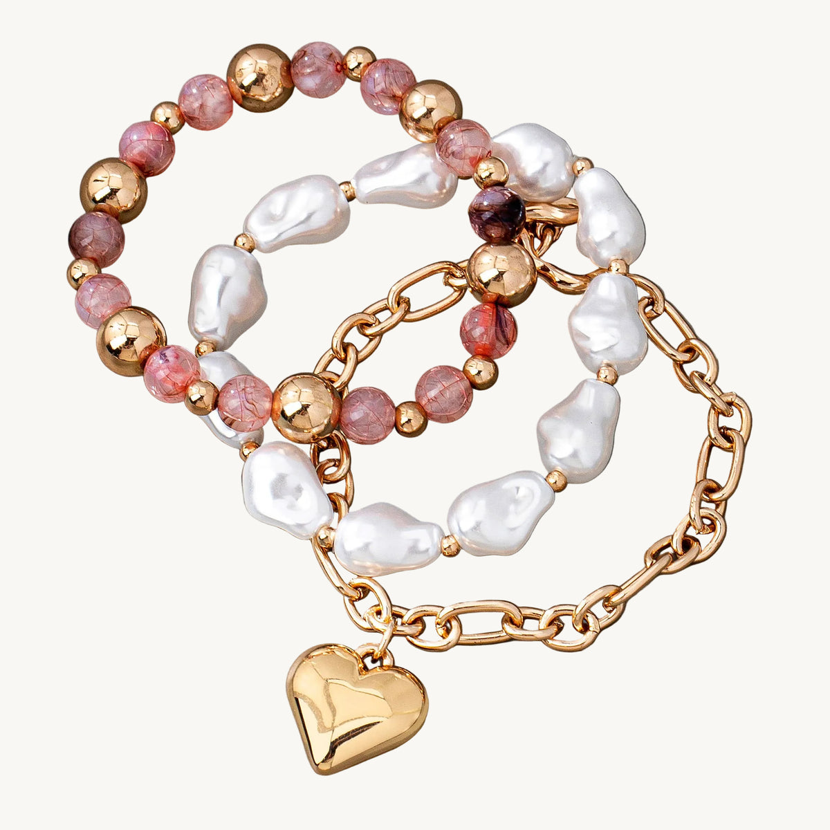 MIXED PEARL BEADED HEART CHARM BRACELET