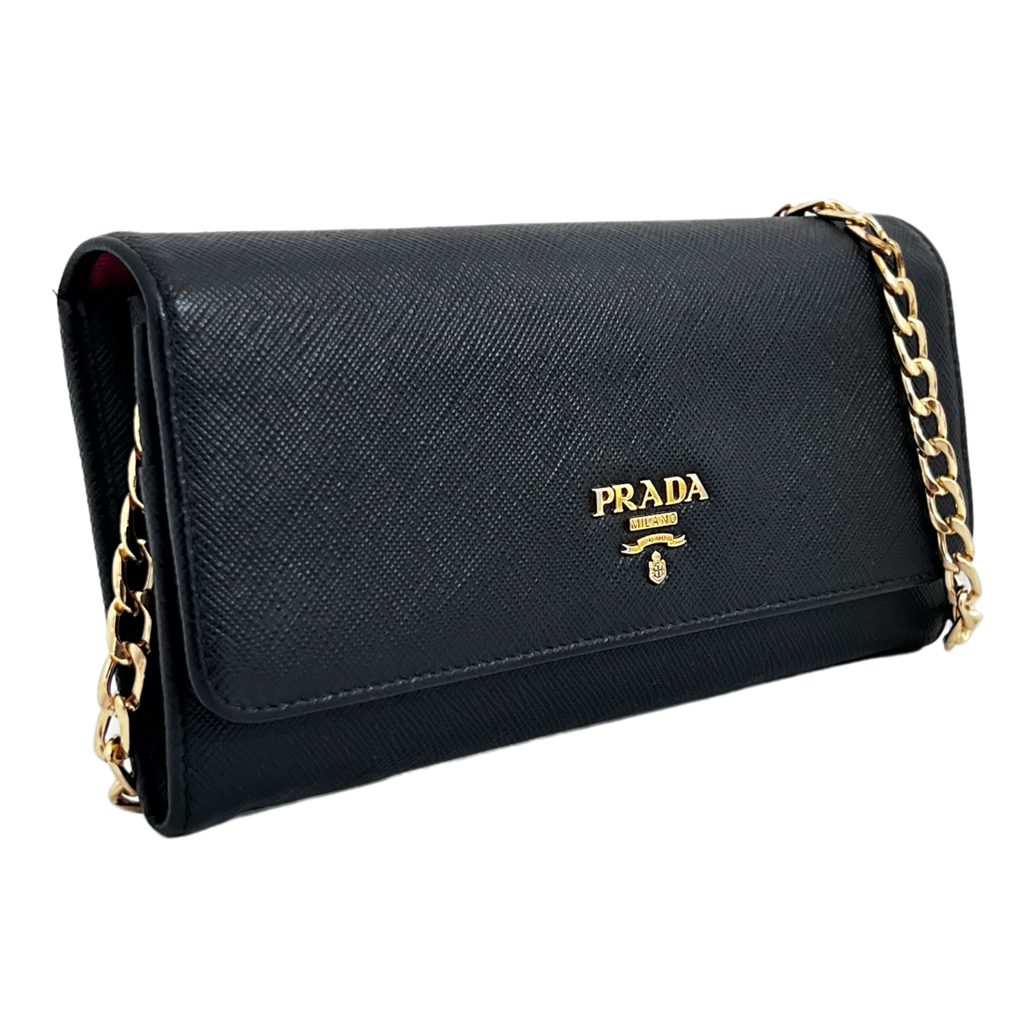 Black Saffiano Wallet with Gold Chain