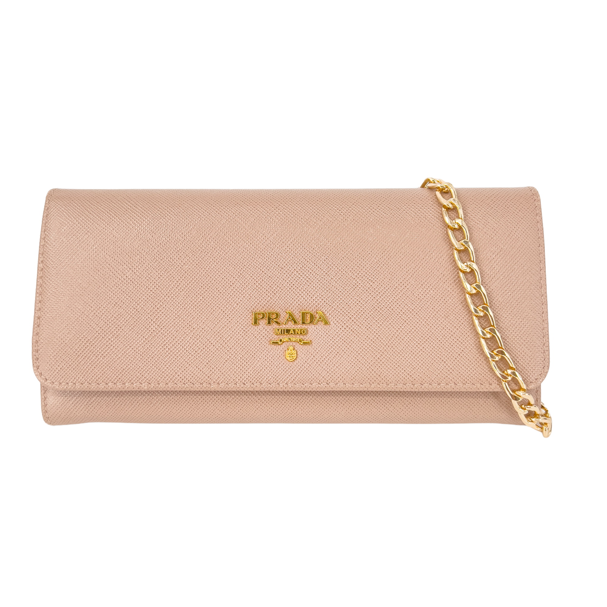 Powder Pink Saffiano Wallet with Gold Chain