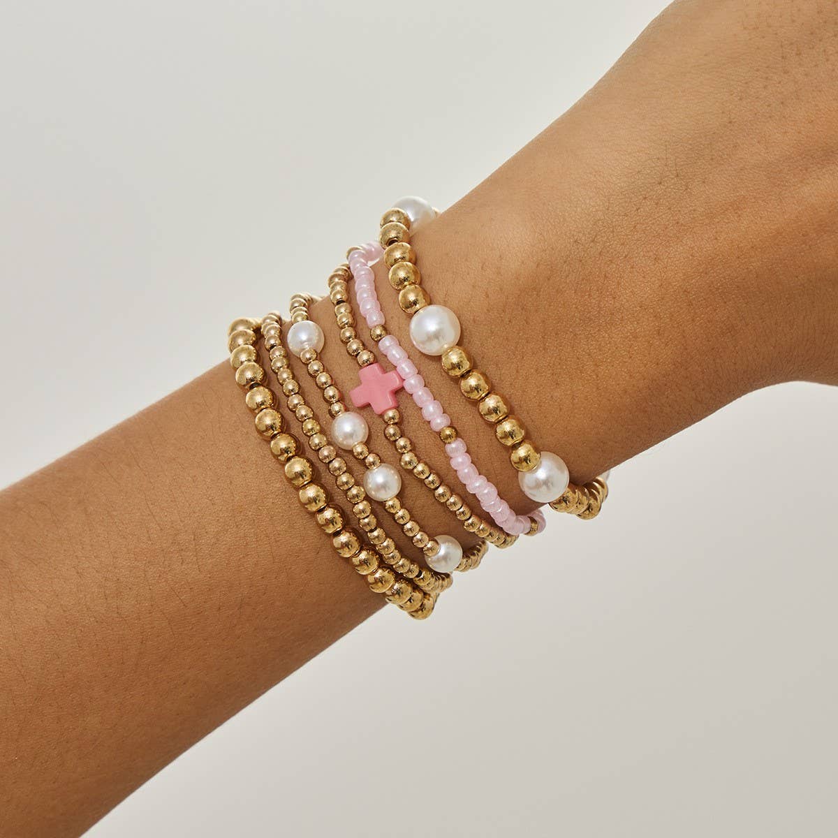 MULTI BALL PEARL BEAD CROSS BRACELET