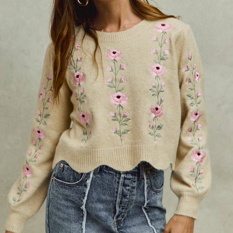 FLORAL EMBROIDERED SCALLOP SWEATER TOP