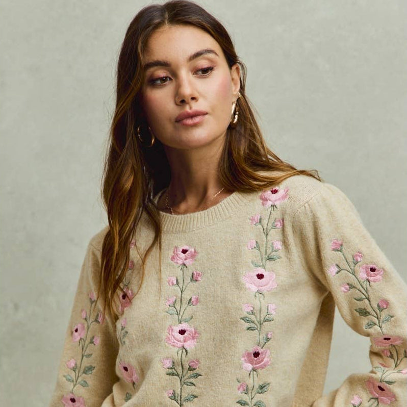FLORAL EMBROIDERED SCALLOP SWEATER TOP