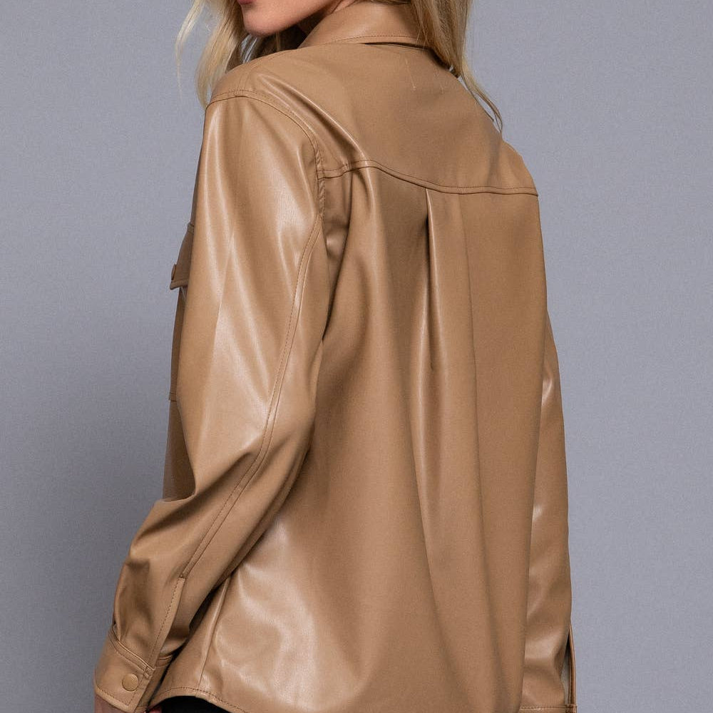 Long Sleeve Faux Leather Shacket