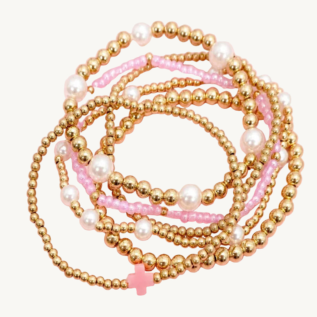 MULTI BALL PEARL BEAD CROSS BRACELET