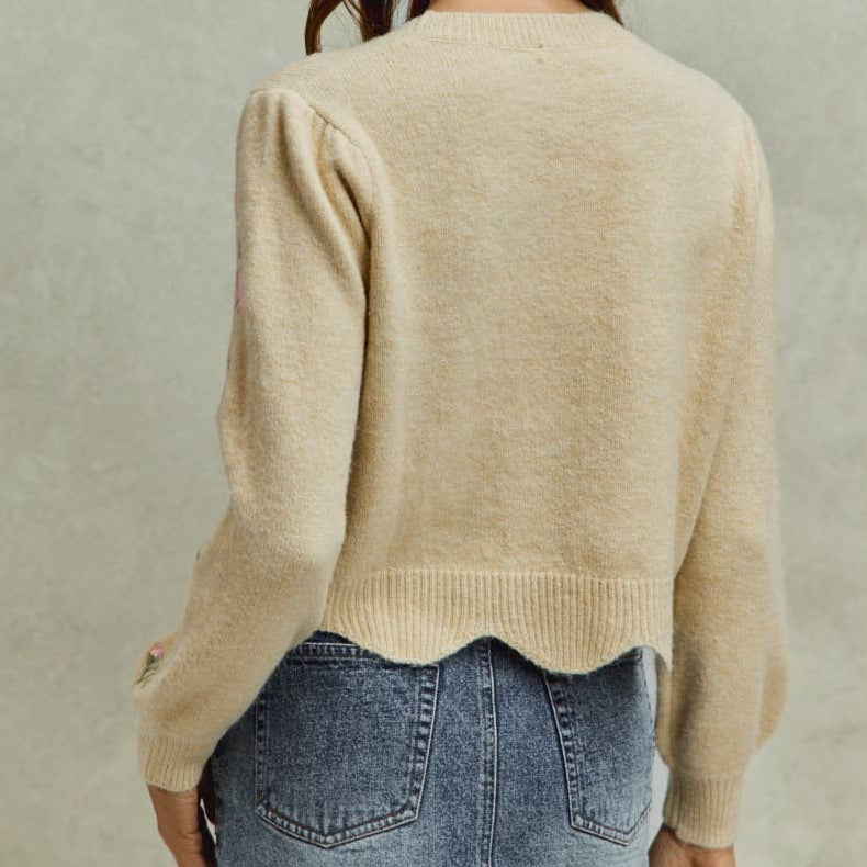FLORAL EMBROIDERED SCALLOP SWEATER TOP