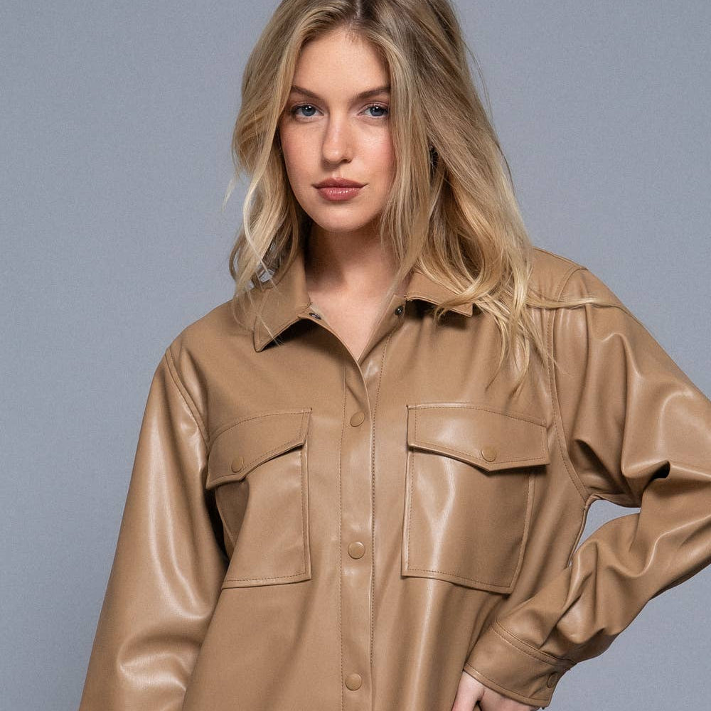 Long Sleeve Faux Leather Shacket