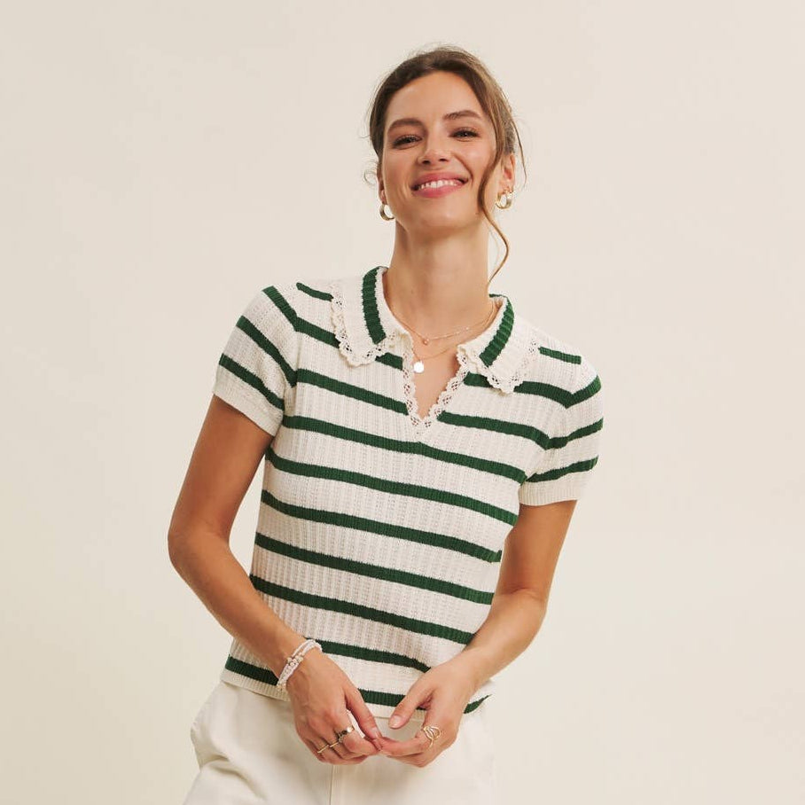 SWEET DELICATE CROCHET STRIPE SWEATER TOP