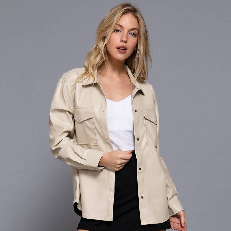 Long Sleeve Faux Leather Shacket