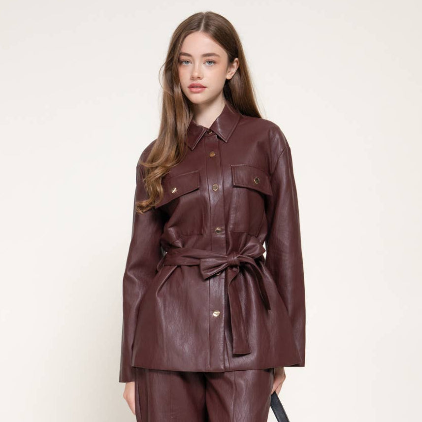 Button Down Belted Texture Faux Leather Jacket