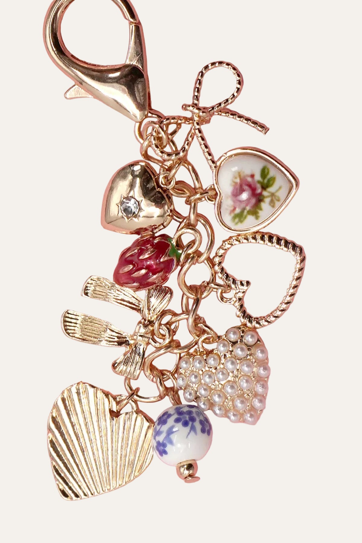 PORCELAIN BOWS HEARTS PEARL STRAWBERRY BAG CHARM