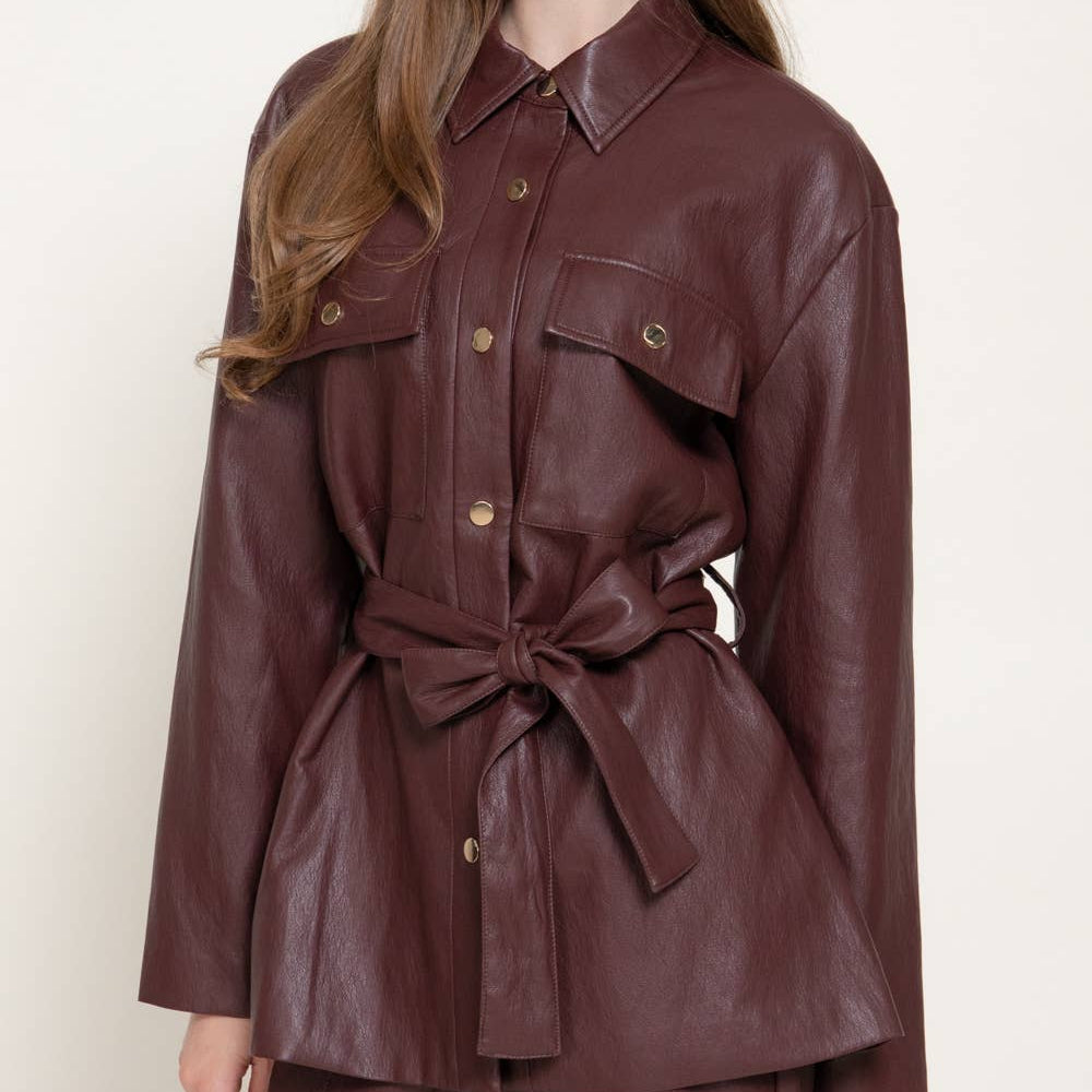 Button Down Belted Texture Faux Leather Jacket